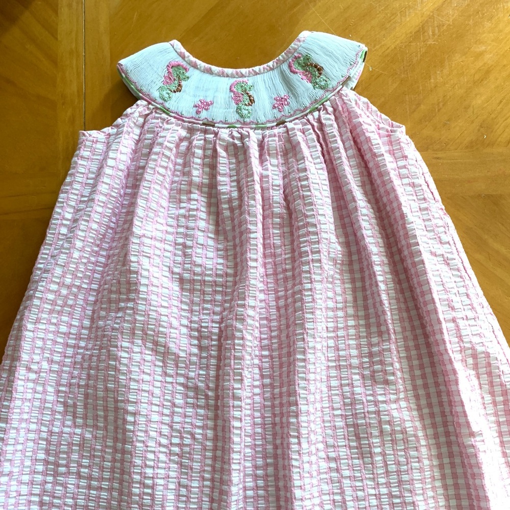 Pink & White Seahorse Smocked Dress